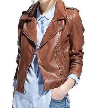 Moto Racer Brown Leather Motorcycle Jacket For Womens