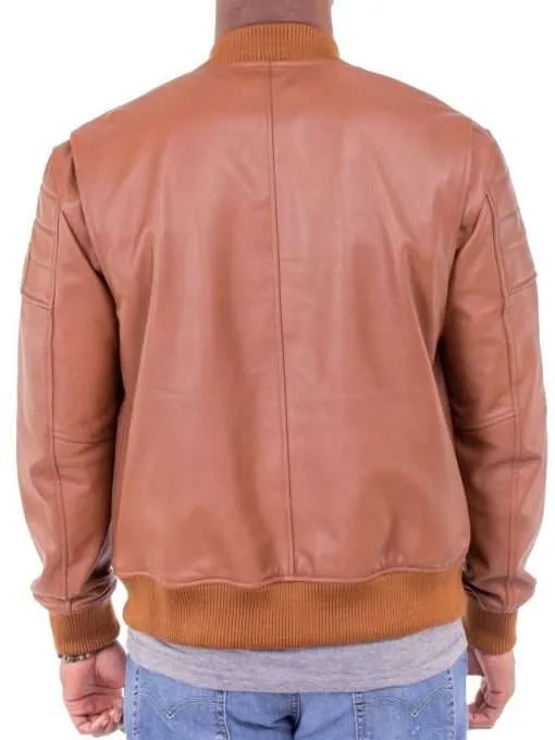 Camel Color Lambskin Leather Bomber Jacket for Mens