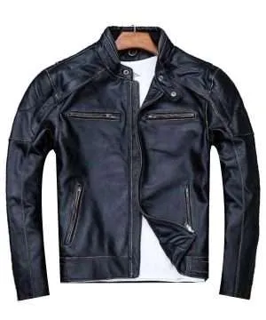 Black Vintage Skull Distressed Biker Leather Jacket For Men’s