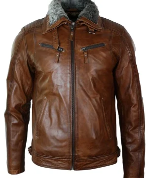Distressed Brown Leather Biker Fur Jacket Collar for Mens