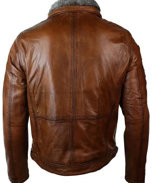 Mens Distressed Leather Jacket Belted Brown Fur Collar