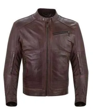 Brown Biker Leather Snap Tab Collar Jacket For Mens