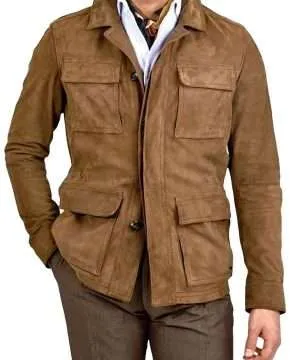 Slim fit For Pocket Brown Suede Leather Jacket Men’s