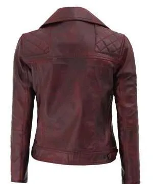 Women’s Red Distressed Leather Motorcycle Jacket