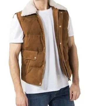 Mens Shearling Collar Brown Suede Leather Vest