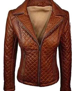 Quilted Sheepskin Fashion Leather Jacket Tan Brown for Women