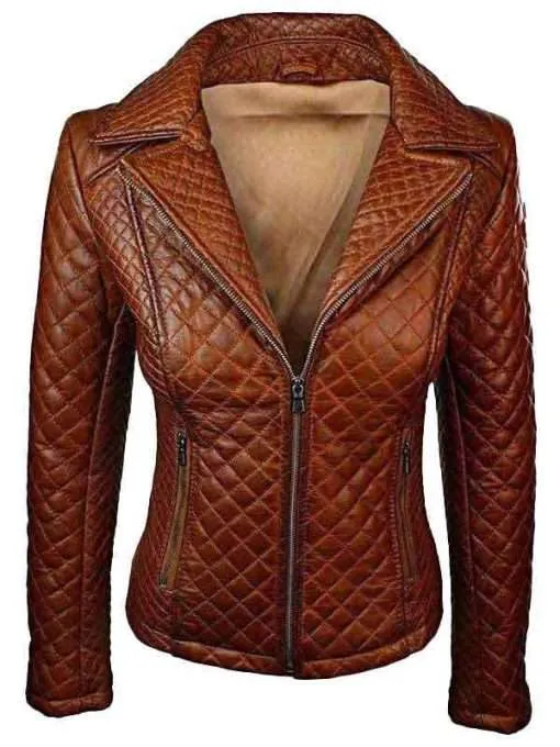Quilted Sheepskin Fashion Leather Jacket Tan Brown for Women