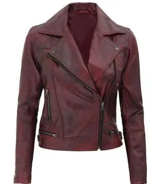Red Distressed Leather Motorcycle Jacket for Womens