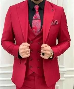 Mens Slim Fit Wedding Three Piece Red Tuxedo Suit