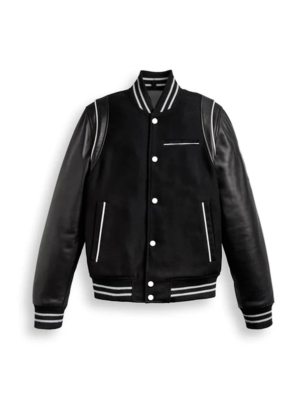 Black Varsity Bomber Leather Jacket With Stripes Black Varsity Bomber Leather Jacket With Stripes