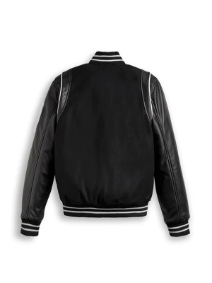 Black Varsity Leather Bomber Jacket For Mens