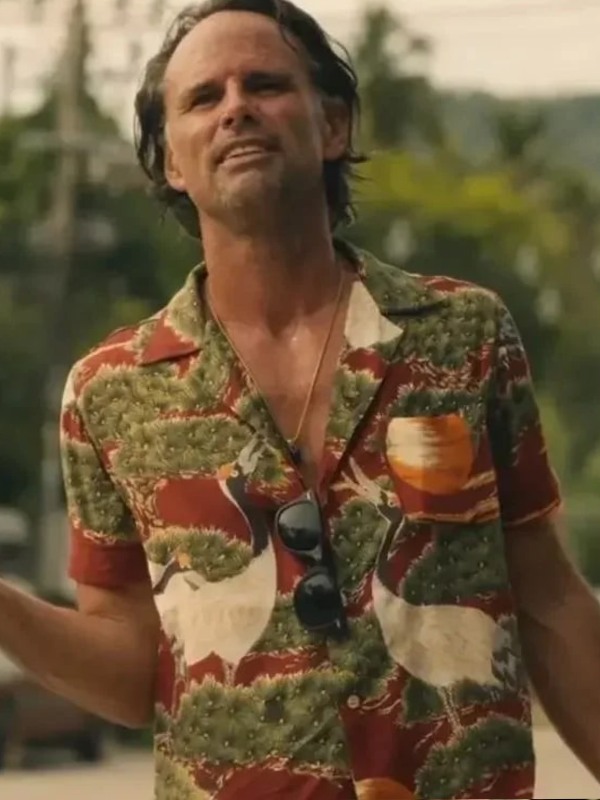 Walton Goggins The White Lotus S03 Rick Hatchett Crane-Printed Aloha Shirt Walton Goggins The White Lotus S03 Rick Hatchett Crane-Printed Shirt
