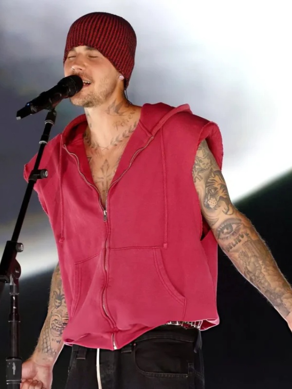 Coachella 2026 Justin Bieber Red Sleeveless Hoodie